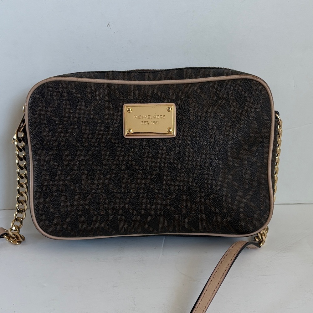 Michael Kors crossbody bag signature brown logo print canvas chain trimmed strap